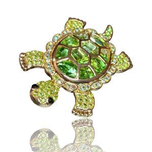 Goldtone Turtle Brooch Green Crystal Hollow Rhinestones Holiday Office Gift